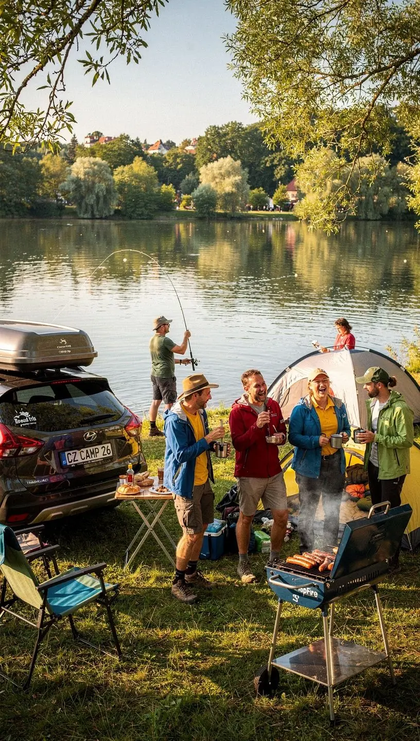 Vůz zaparkovaný u jezera s výhledem na hory a sluneční svit.