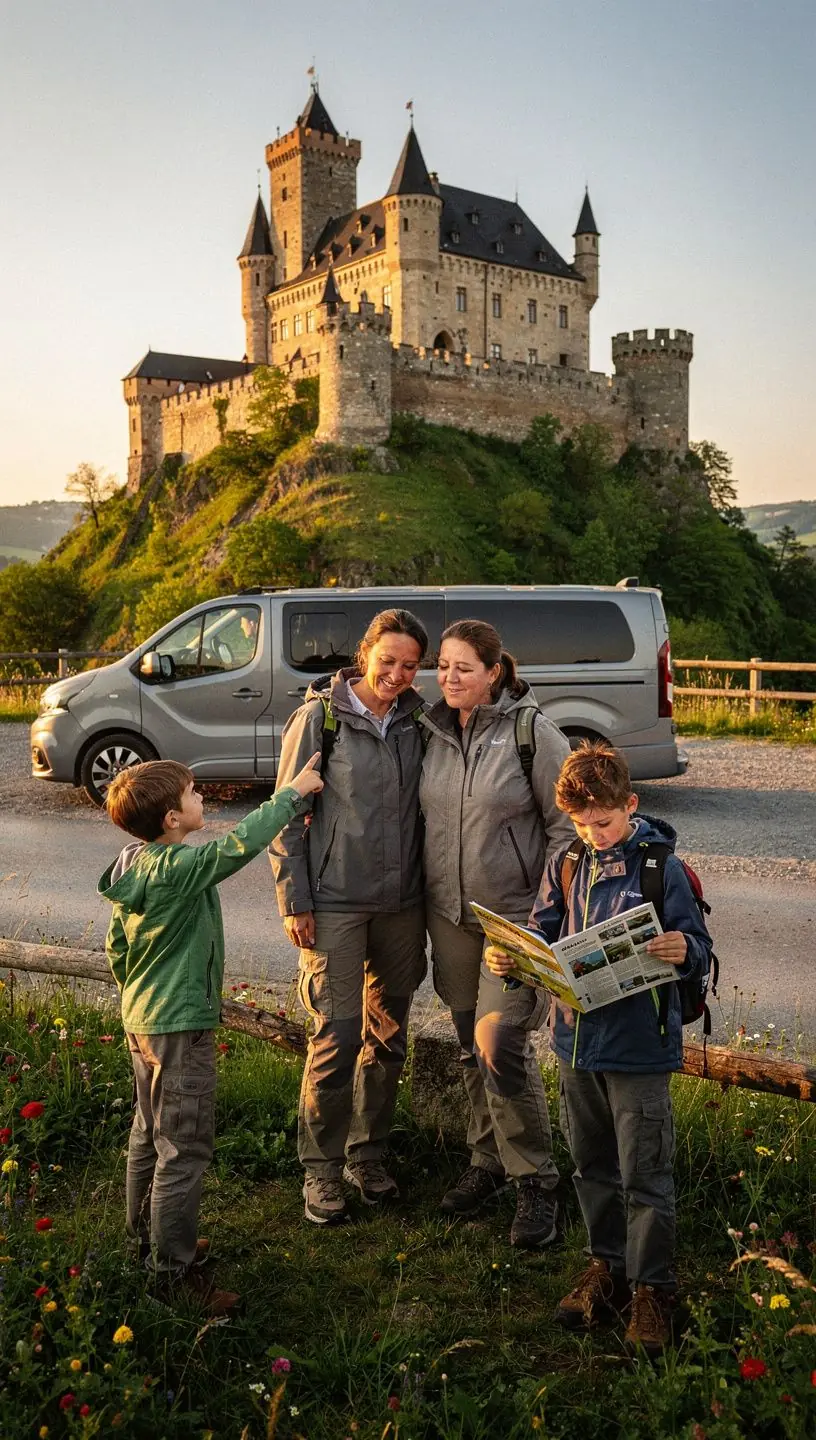 Skupina přátel plánující výlet v přírodě s mapou a cestovními průvodci.