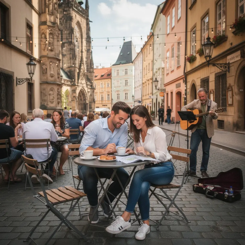 Nocující kemp s karavanem a ohništěm pod hvězdnou oblohou.
