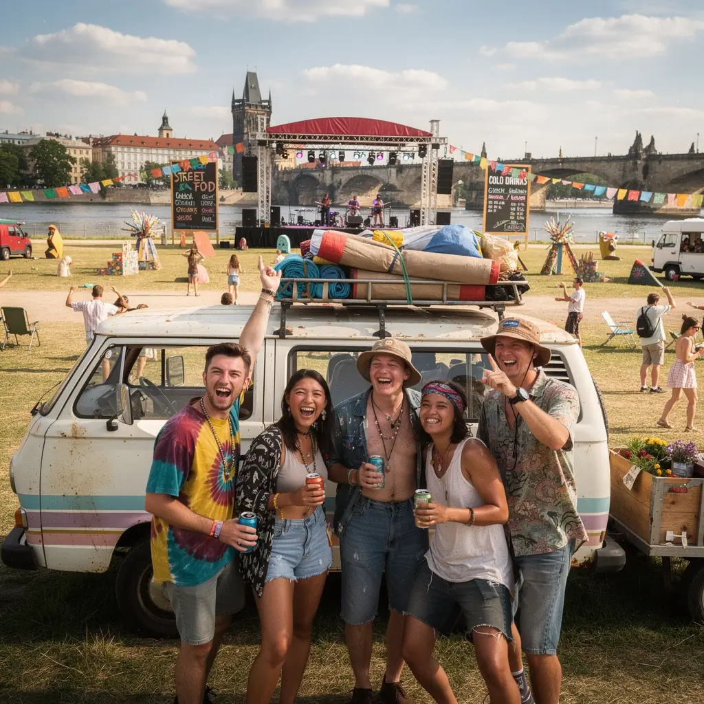 Cestovatelé skládající stan vedle auta na krásném místě s výhledem.