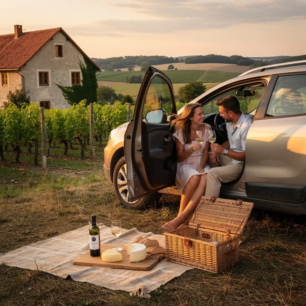 Rodinný vůz s rooftop boxem na kempování stojící na malebné louce.